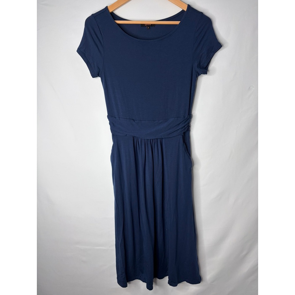 Quince Navy Blue Tencel Jersey Ruched Waist Dress Sz S Short Sleeve Midi Minimal